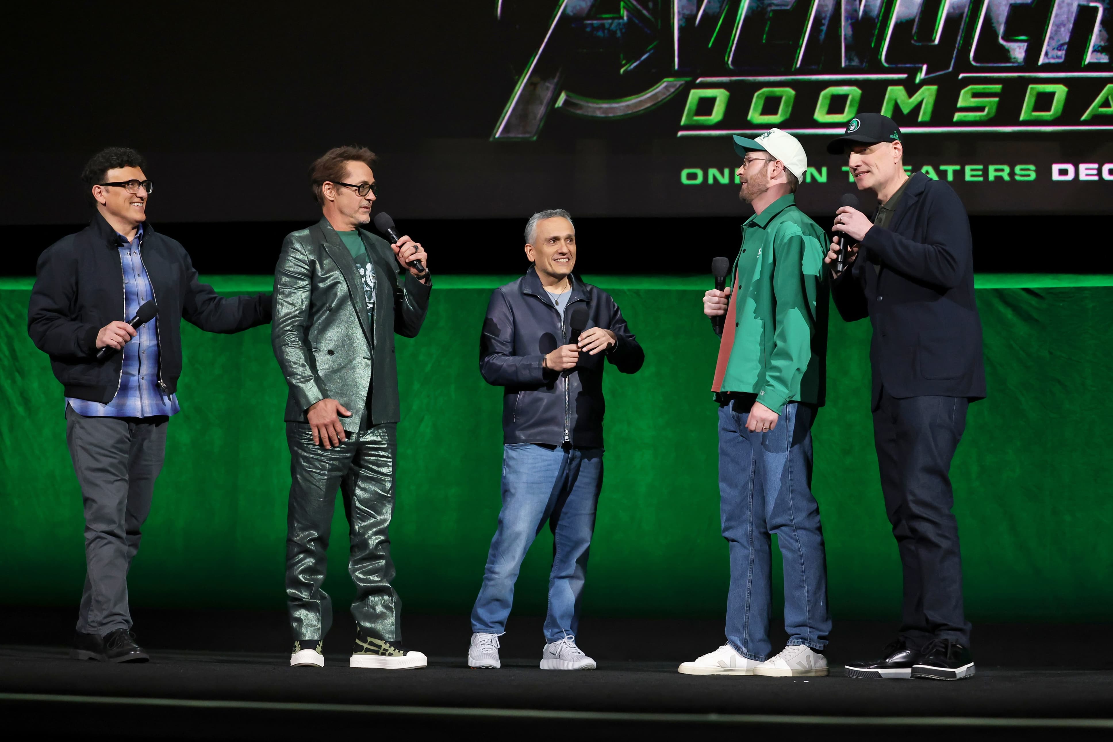 An image of The Russo Brothers, Robert Downey Jr., Chris Evans, and Kevin Feige at CinemaCon 2026