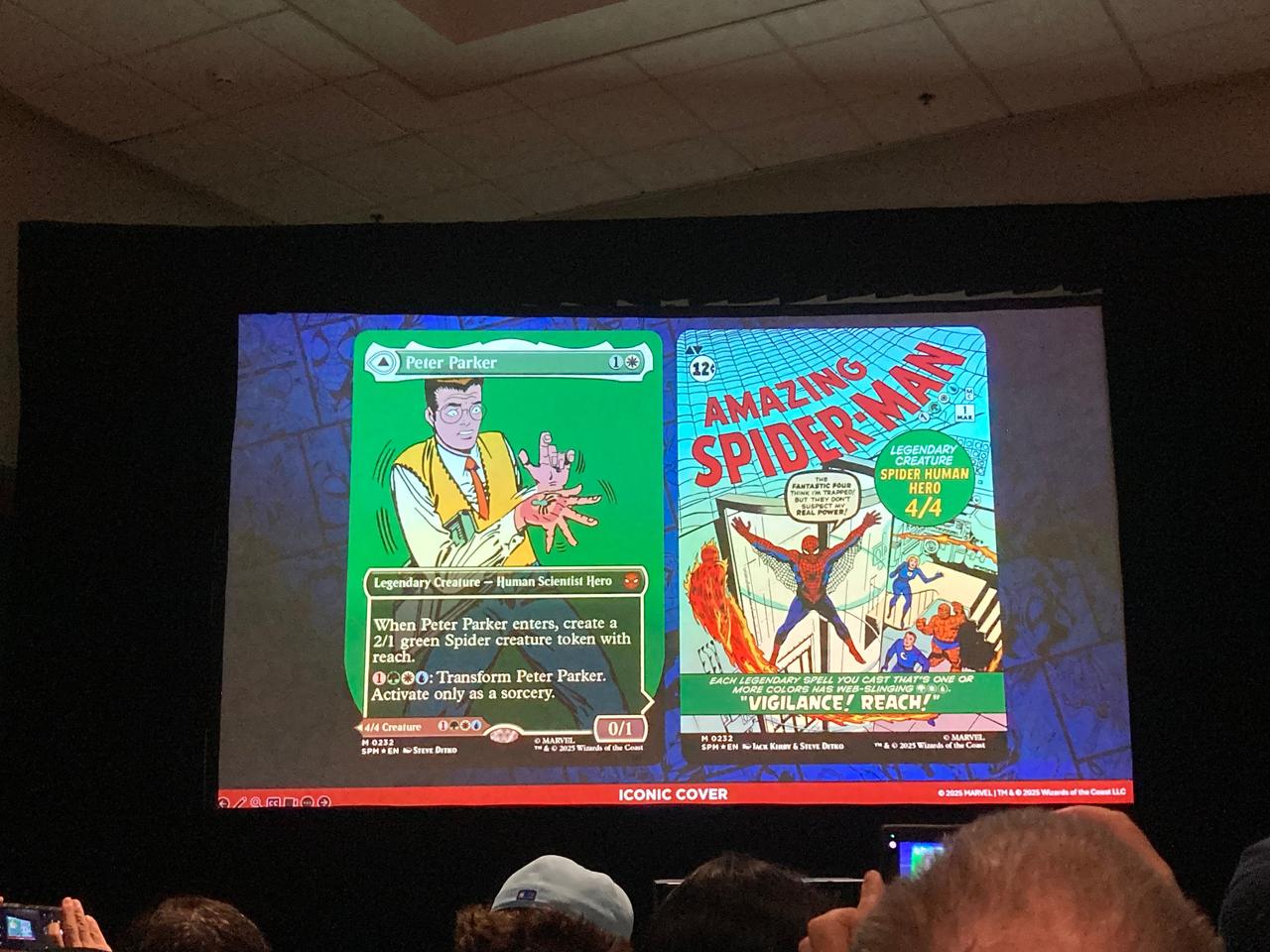 A photo of a screen with a Magic: The Gathering x Marvel’s Spider-Man card on it 