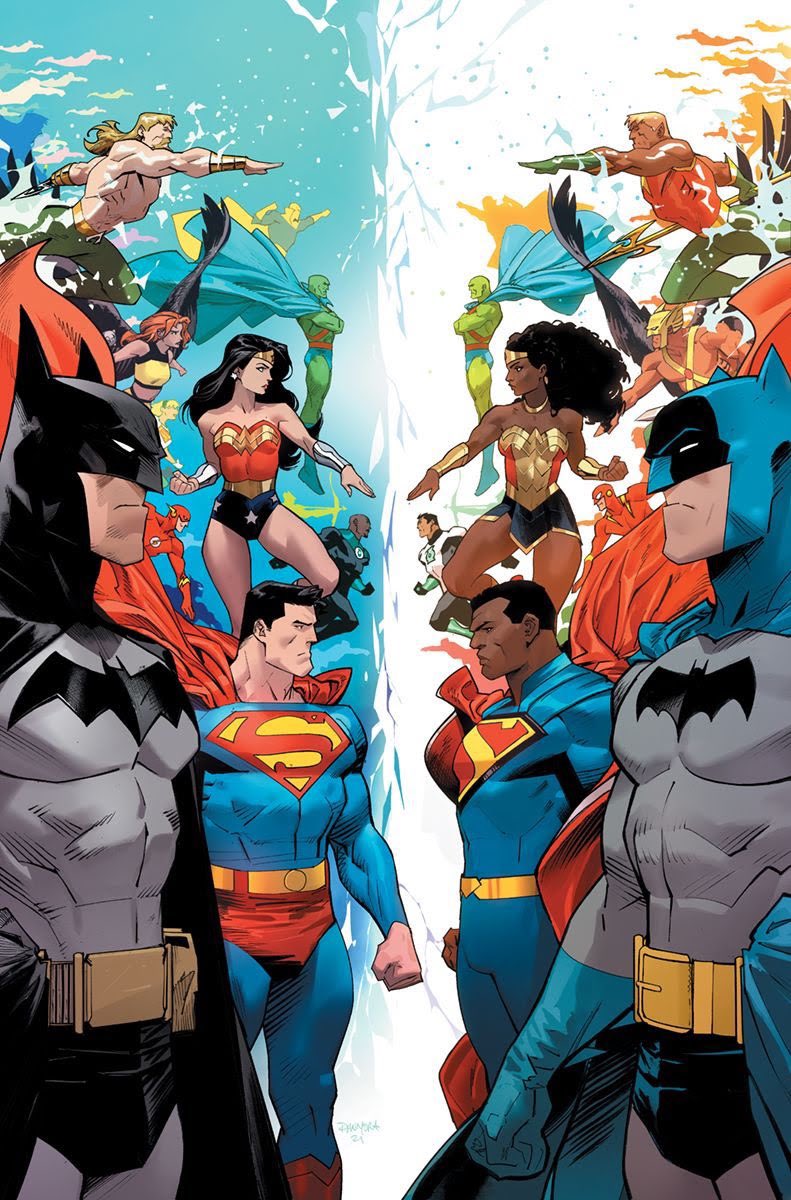Two versions of the Justice League team facing off with one another