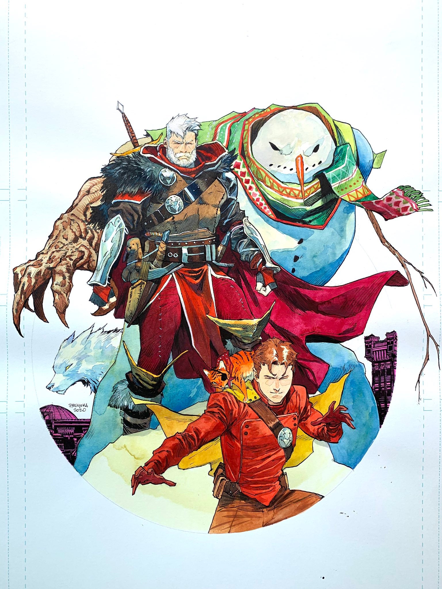 Santa Claus, a Snowman, and others, standing in an action pose