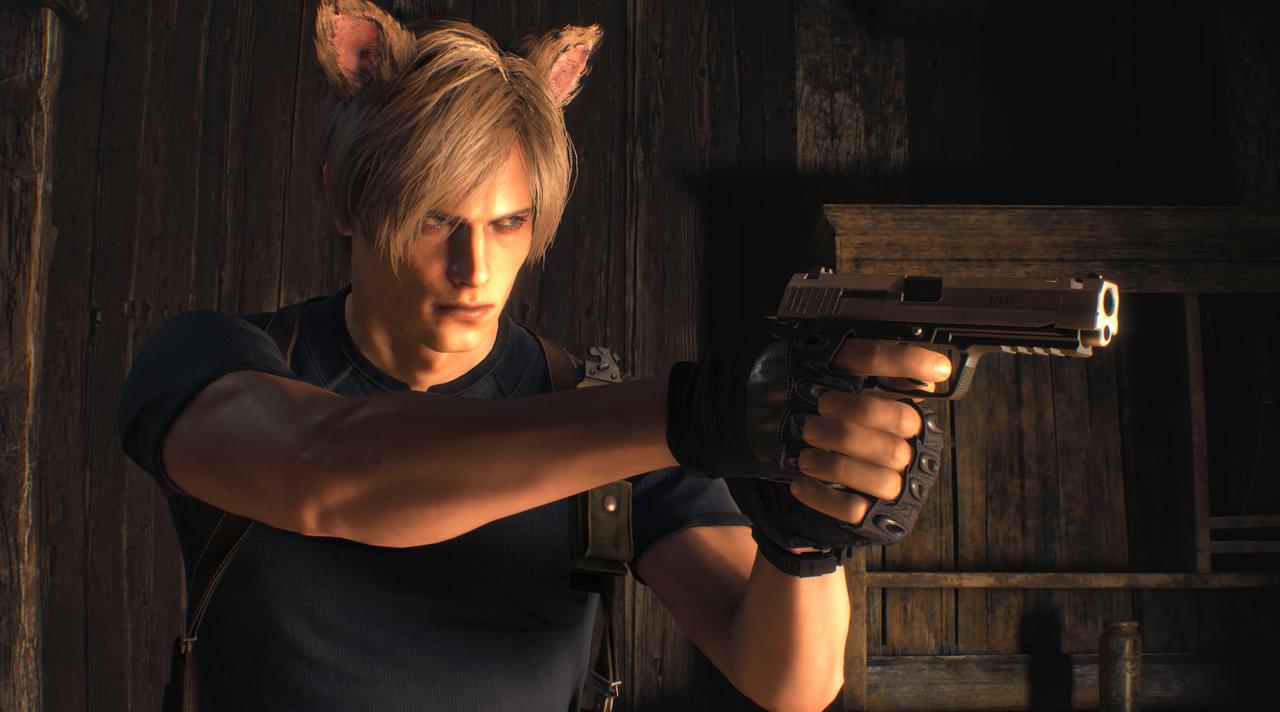 An image of Leon and cat ears in Resident Evil 4 Remake