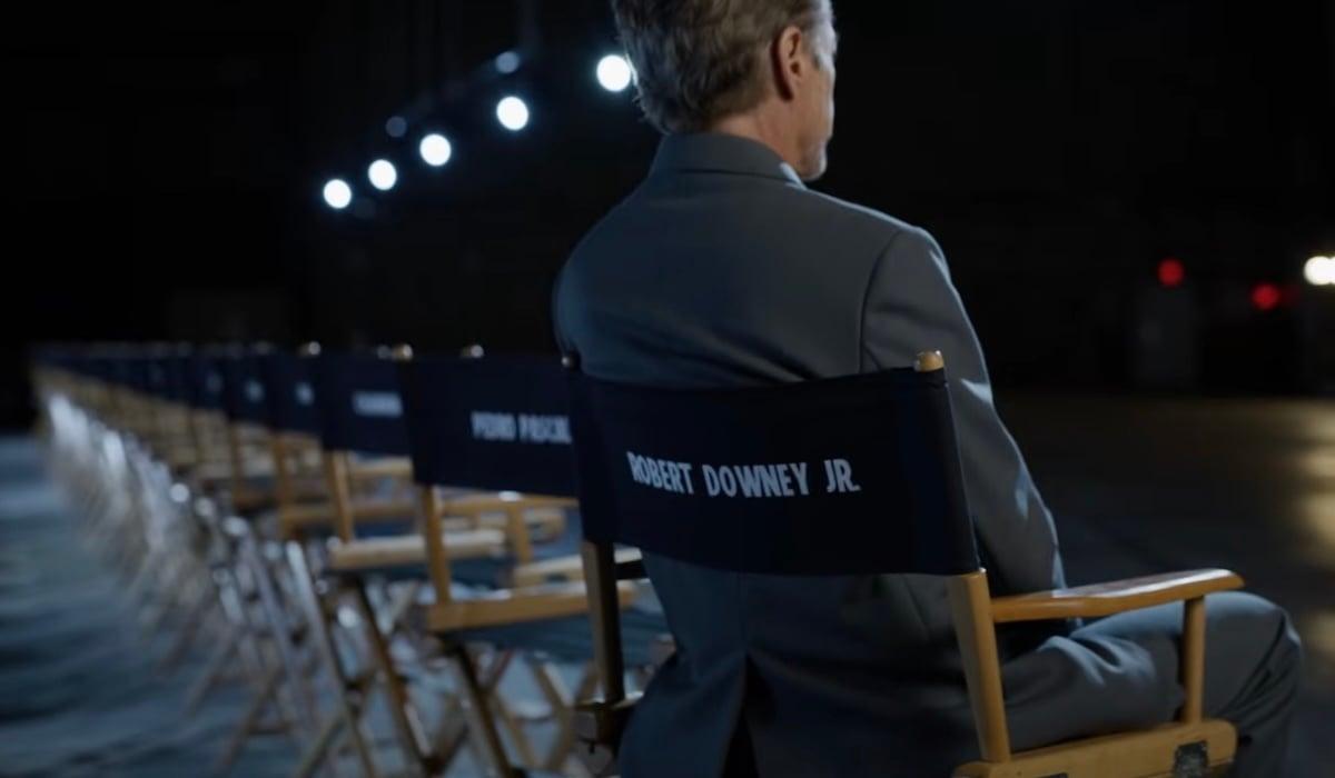 Robert Downey Jr. sitting in a chair at the end of the Marvel's Avengers: Doomsday livestream