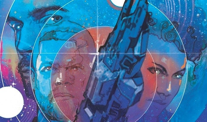 Cropped Cover of the Expanse, in blue, featuring crosshairs and three characters