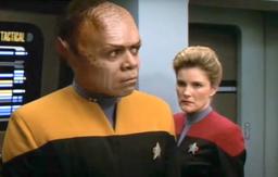 A still from Star Trek: Voyager of Tuvix and Janeway