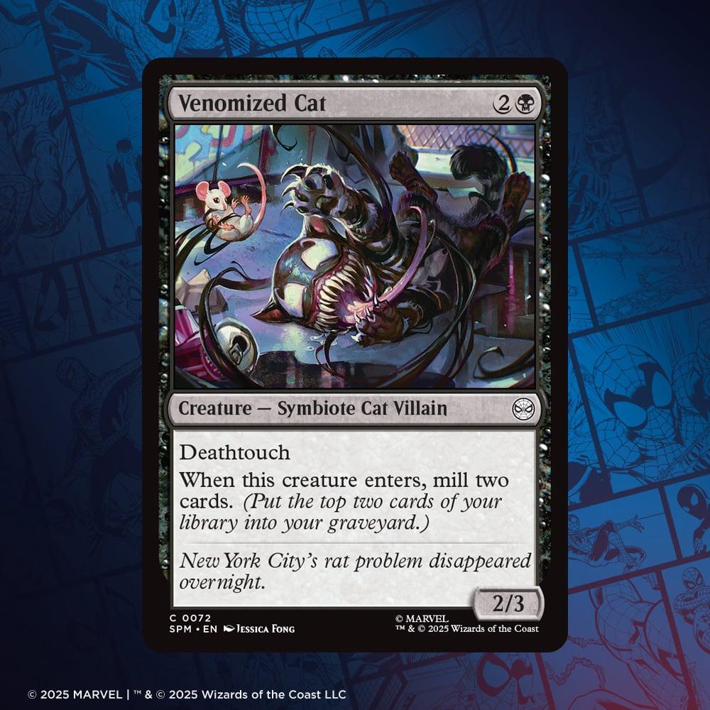 An image of the Venomized Cat card from Magic: The Gathering x Marvel's Spider-Man