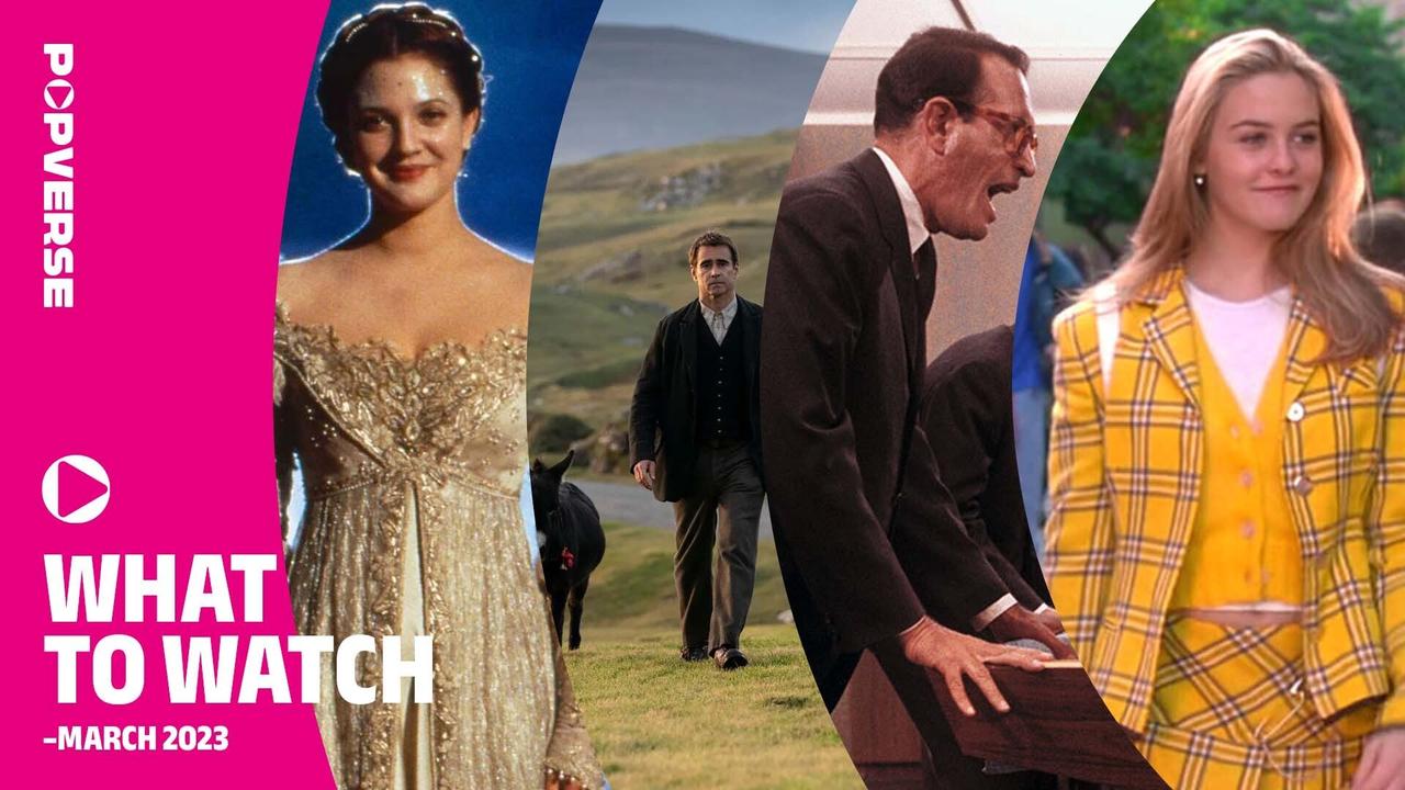 What to Watch: Popverse logo, featuring stills from Ever After, Banshees of Inisherin, How to Succeed in Business Without Really Trying, and Clueless