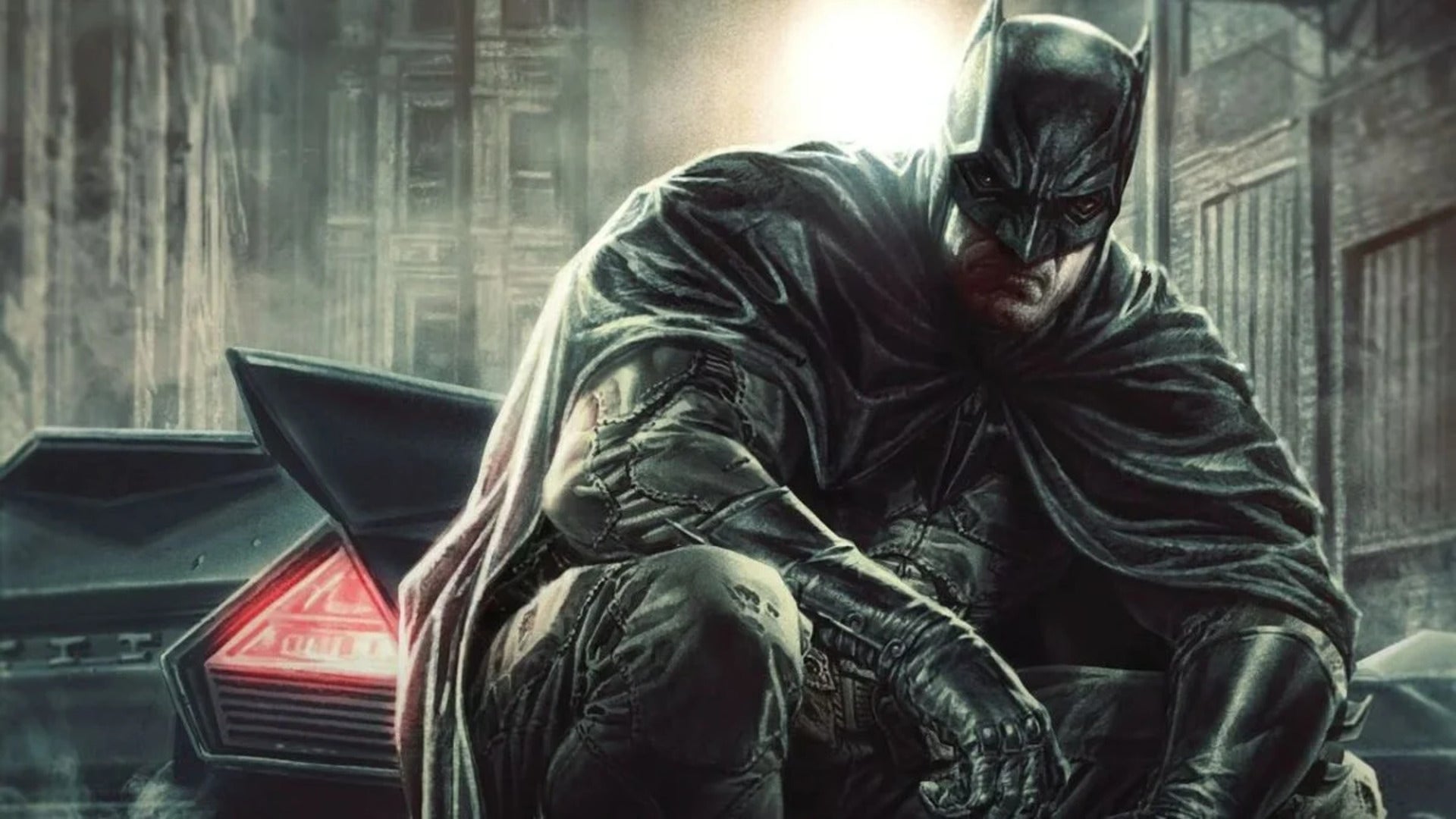 Cropped image of Bermejo's work featuring Batman kneeling in front of the Batmobile