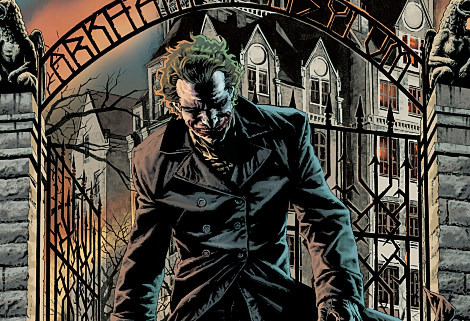 Image featuring the Joker in front of the gates of Arkham Asylum