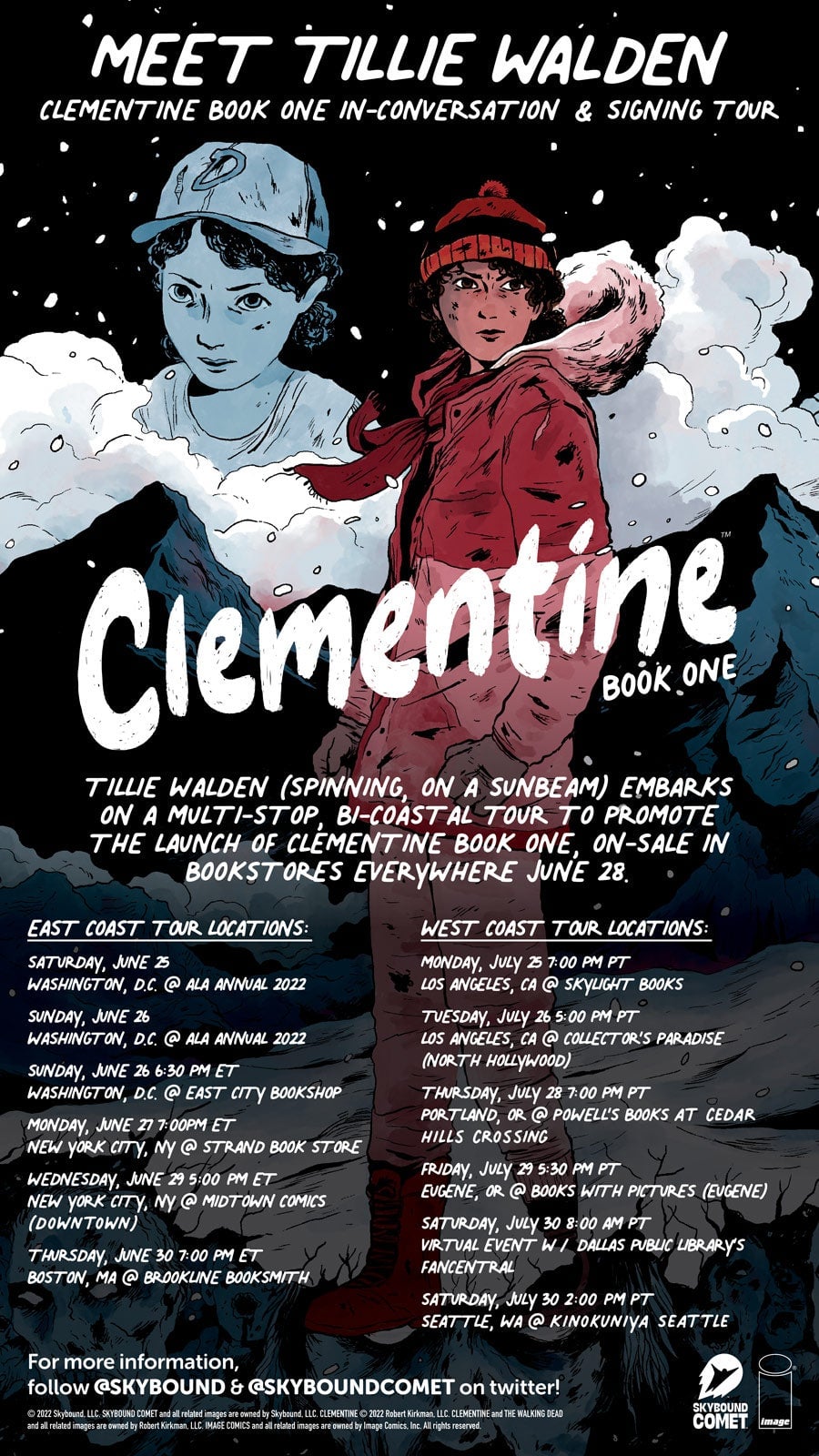 Clementine Book One book tour schedule, art by Tillie Walden
