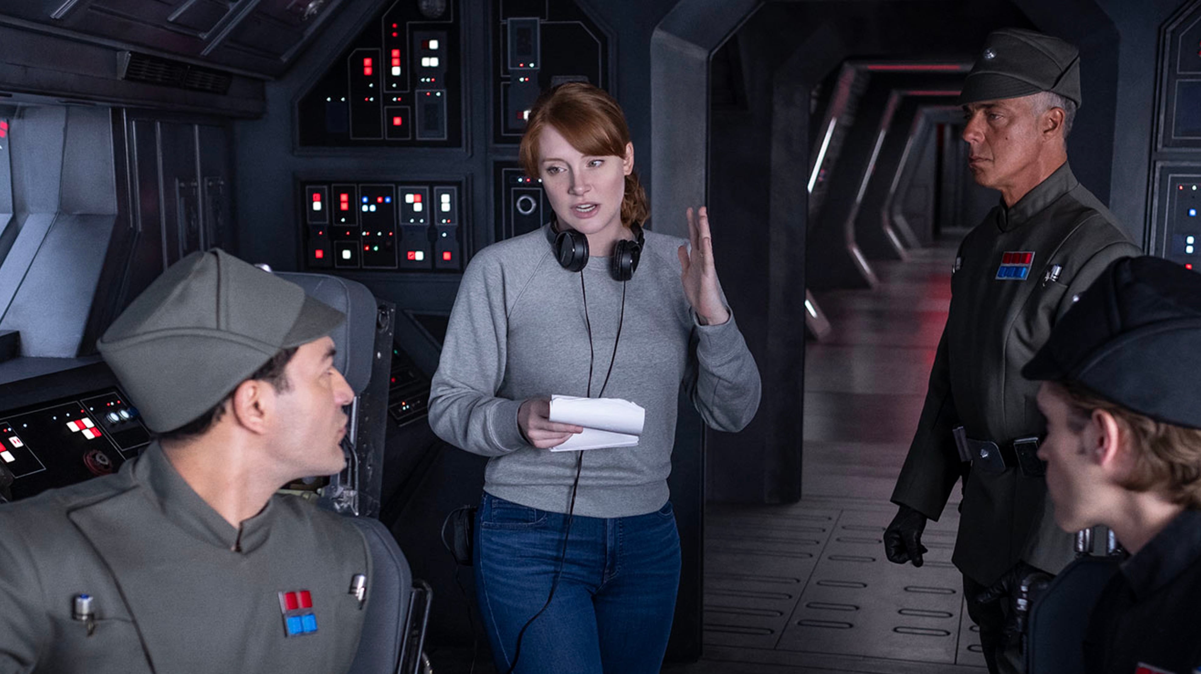 An image of Bryce Dallas Howard directing on the set of The Mandalorian