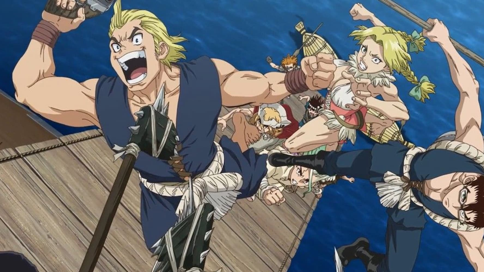 The crew leaps from the ship