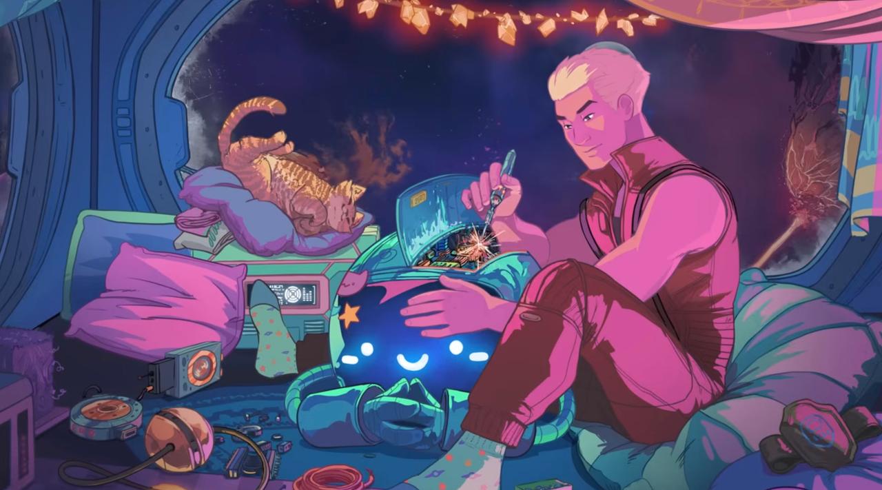 A still from the artwork by Ricardo Bessa featured in Magic: The Gathering's Cosmic Synthwave Playlist | Edge of Eternities video on YouTube