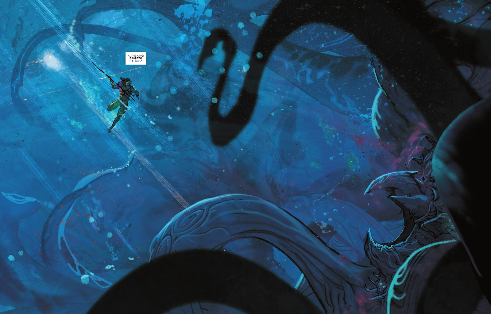 A two page underwater spread. There are dark swirls and a small Aquaman in scope