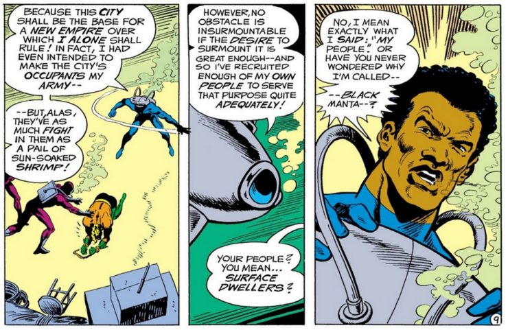 Three comics panels featuring Black Manta without his helmet