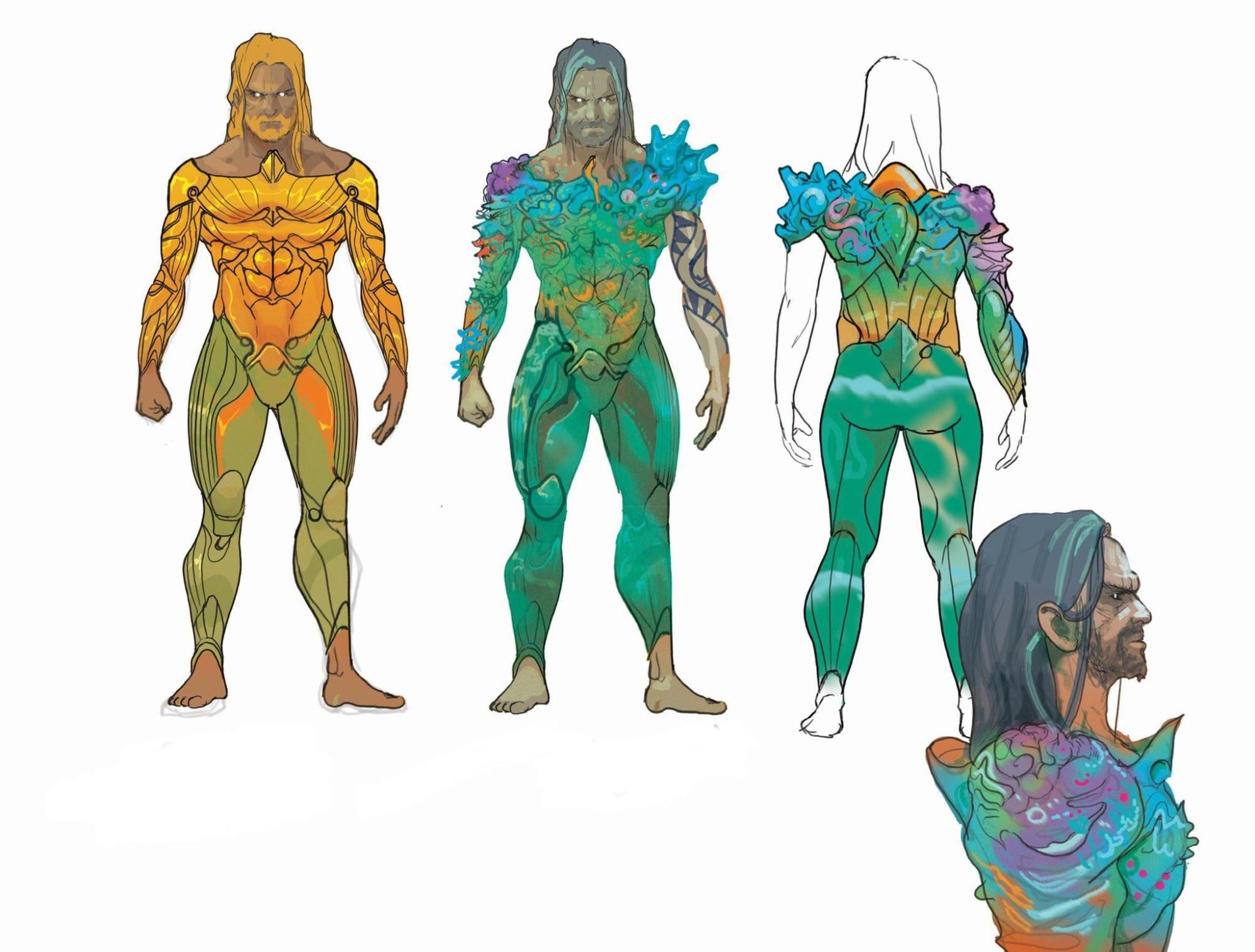 A page of character designs of Aquaman, featuring four different figures wearing different costumes