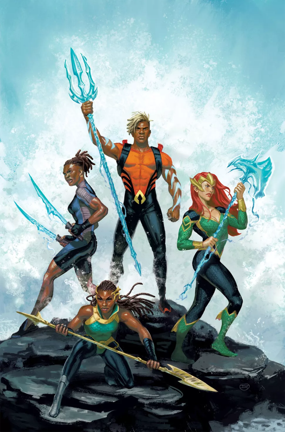 an illustration featuring the cast of the comic Aquaman, with each character holding a weapon