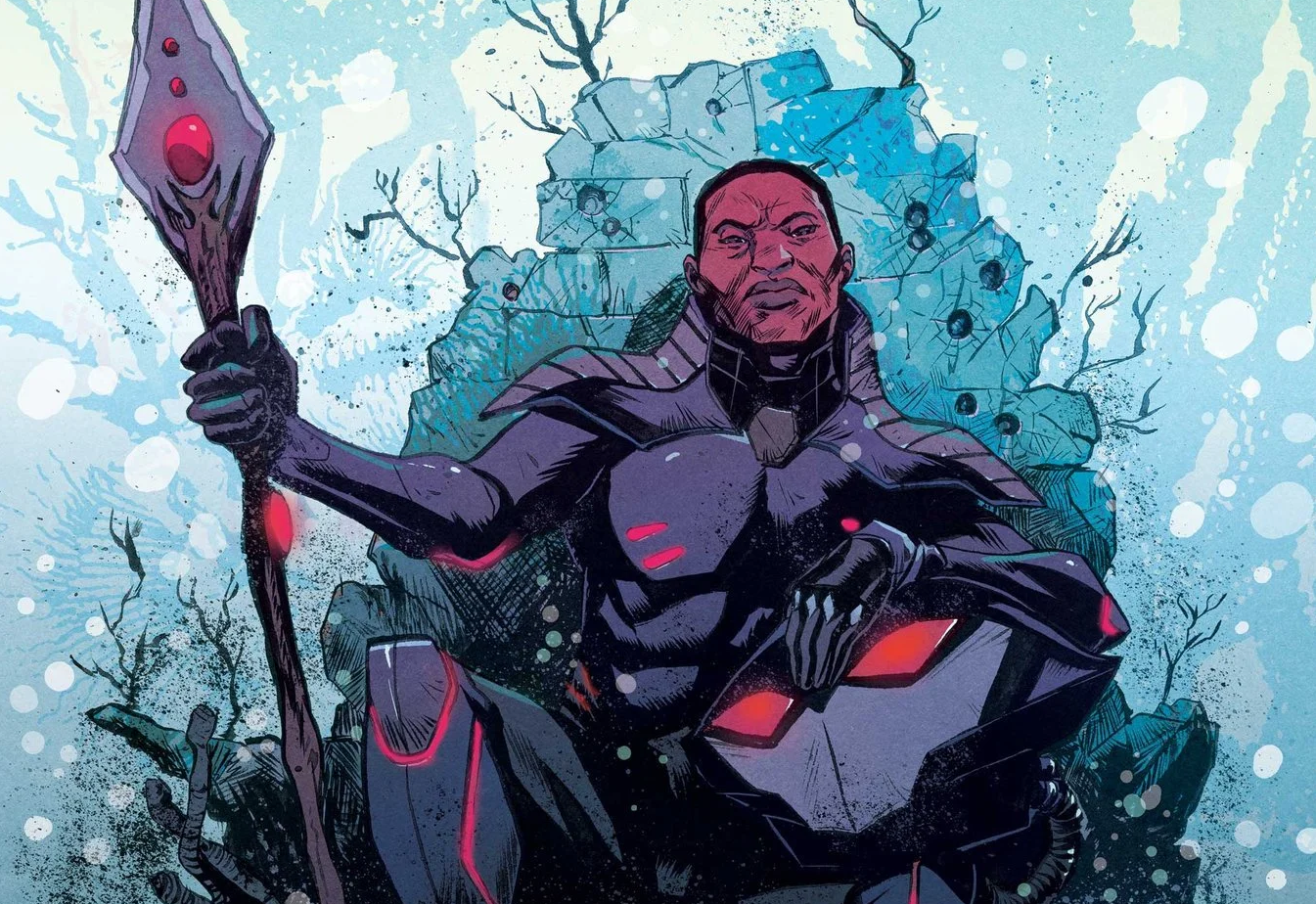 Illustration of a Black man sitting on a throne underwater wearing a black and red costume with a large helmet on his knee