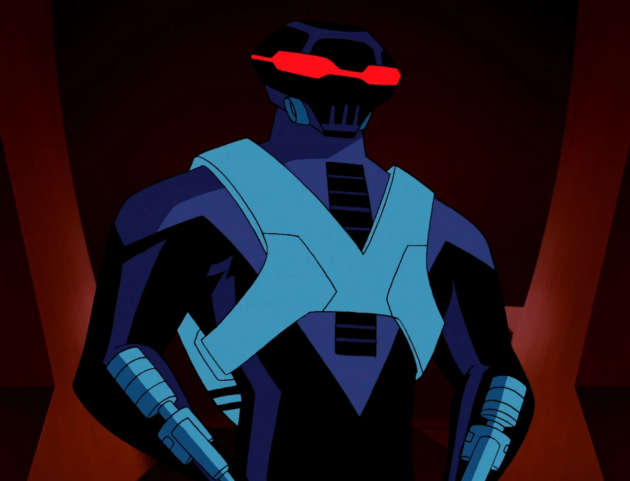 An animated still of a character wearing a dark blue costume with a helmet with red eyes