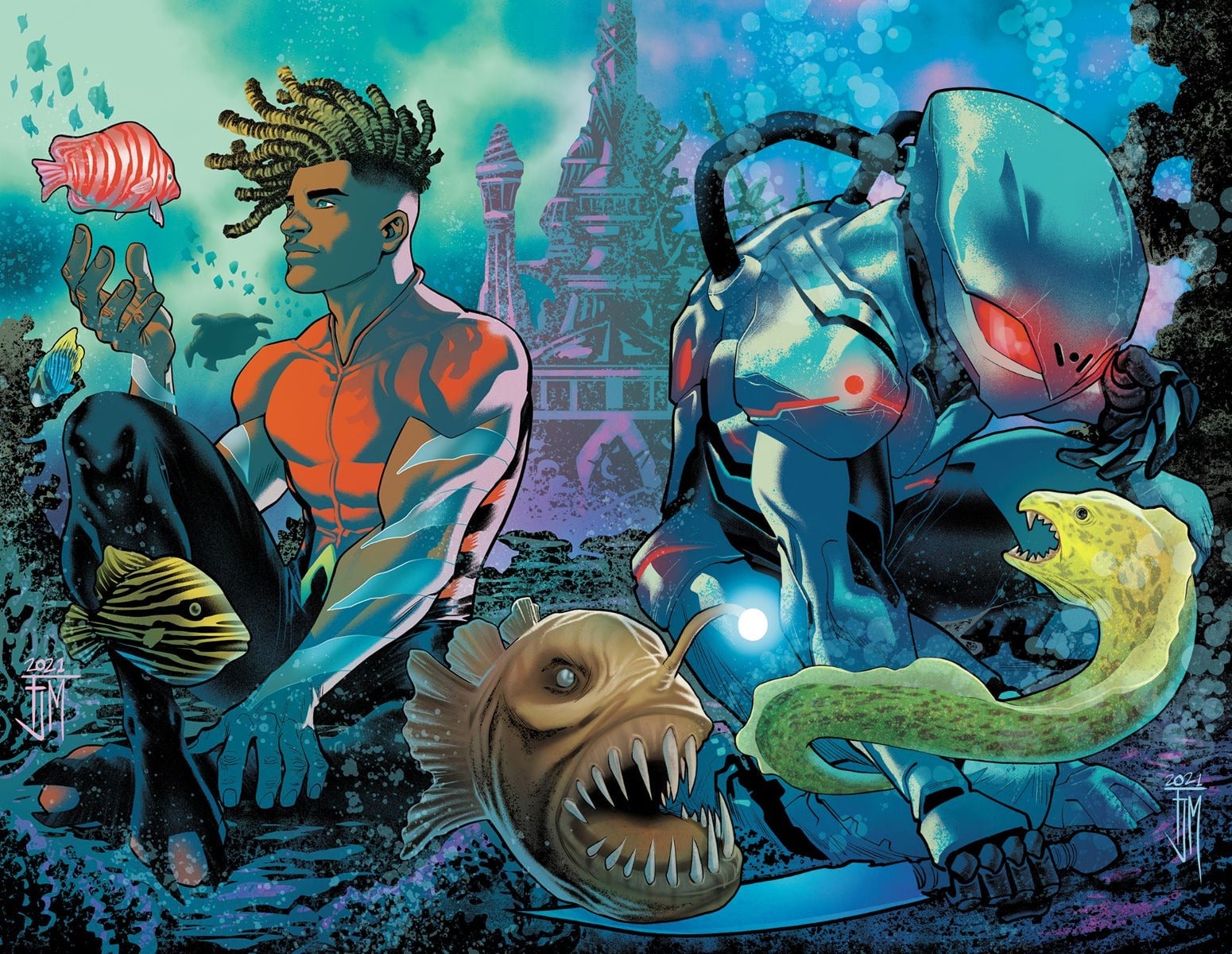 An illustration featuring Aquaman and Manta alongside underwater creatures