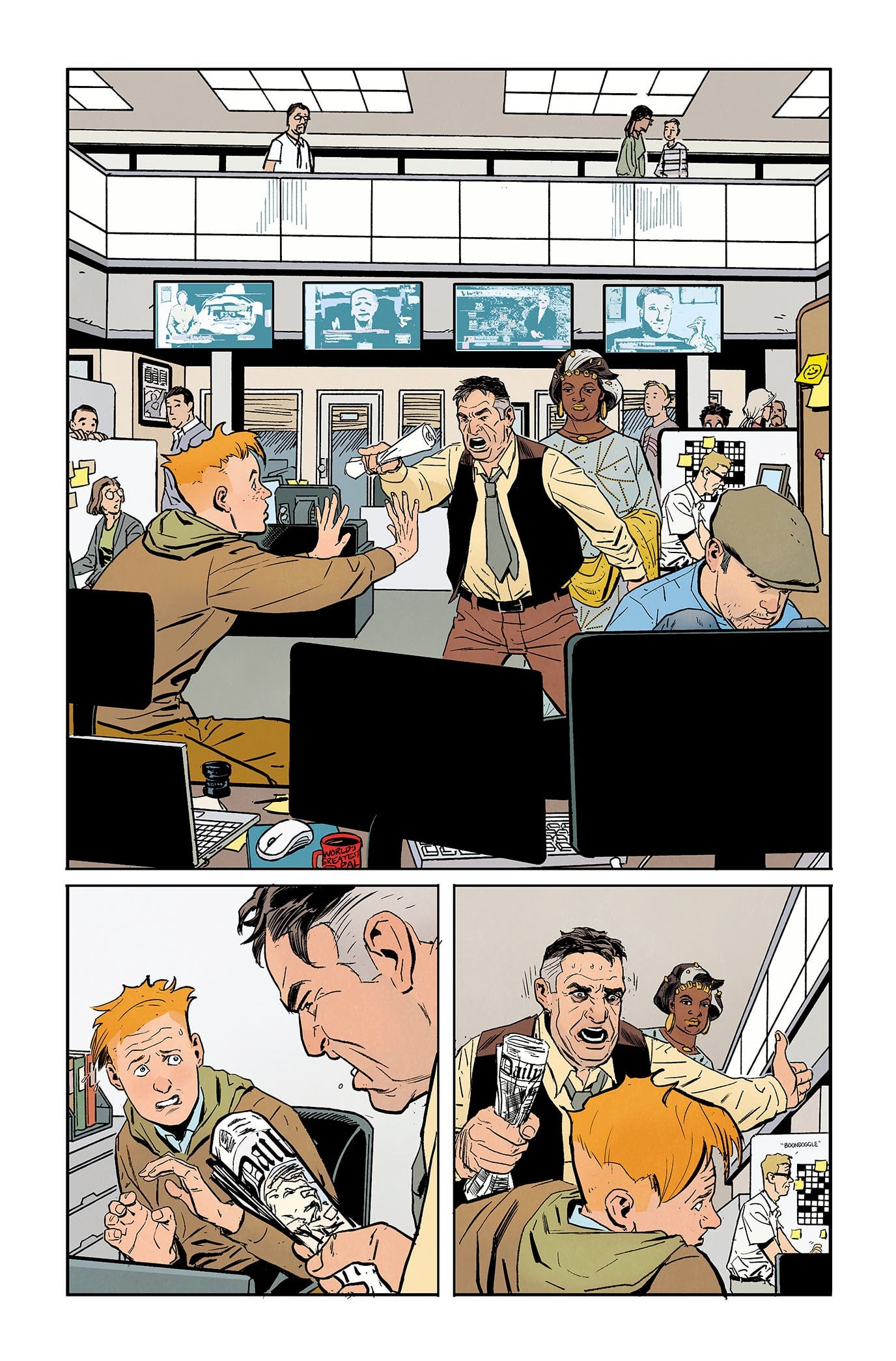 Three silent panels of Jimmy Olsen featuring Jimmy Olsen being yelled at