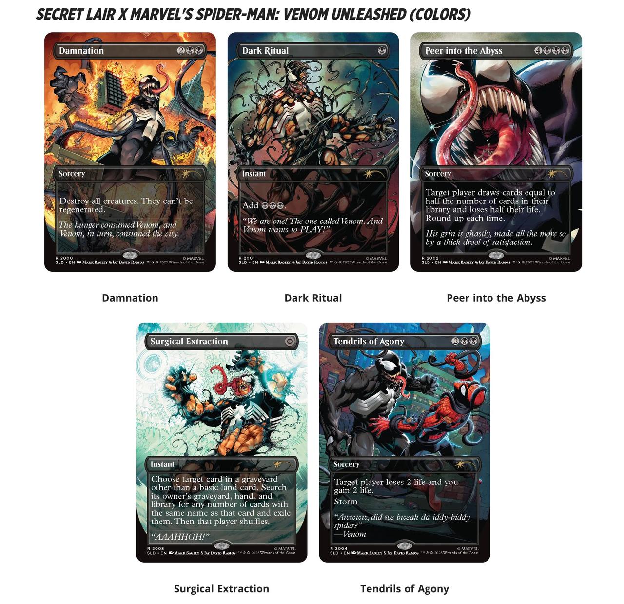 An image of the cards from Secret Lair X Marvel's Spider Man Venom Unleashed