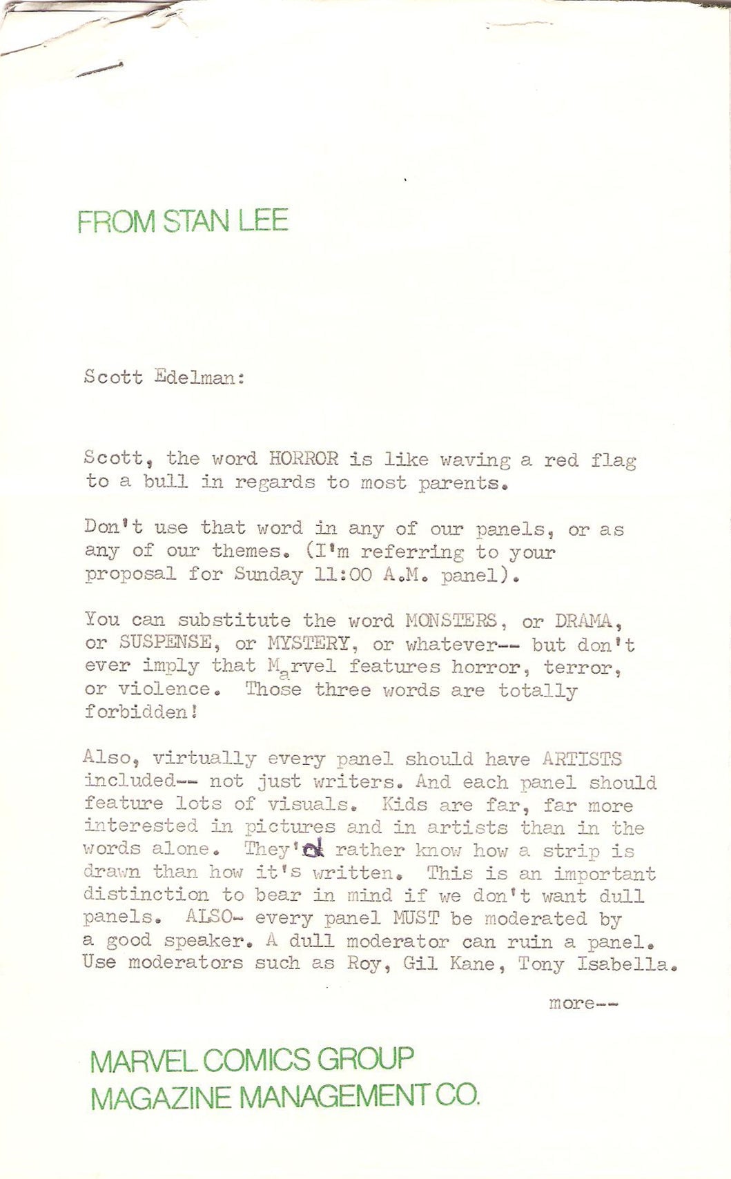 Stan Lee programming notes for Marvel Con