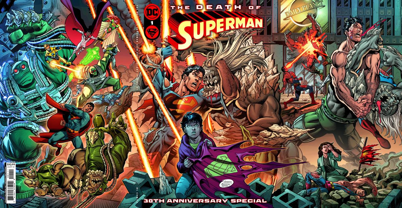 The Death of Superman cover featuring full wraparound art