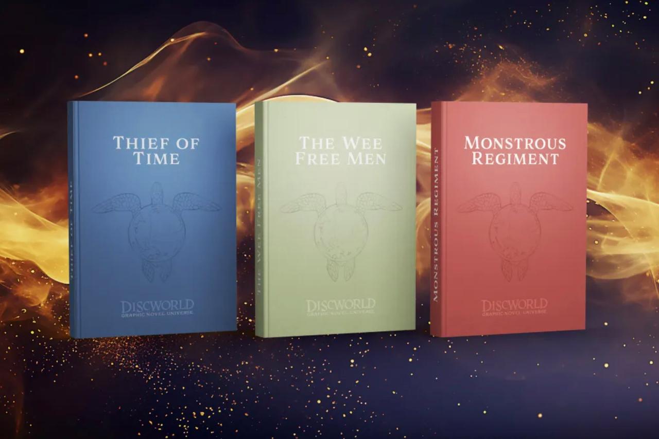 An image of novels from Terry Pratchett's Discworld universe